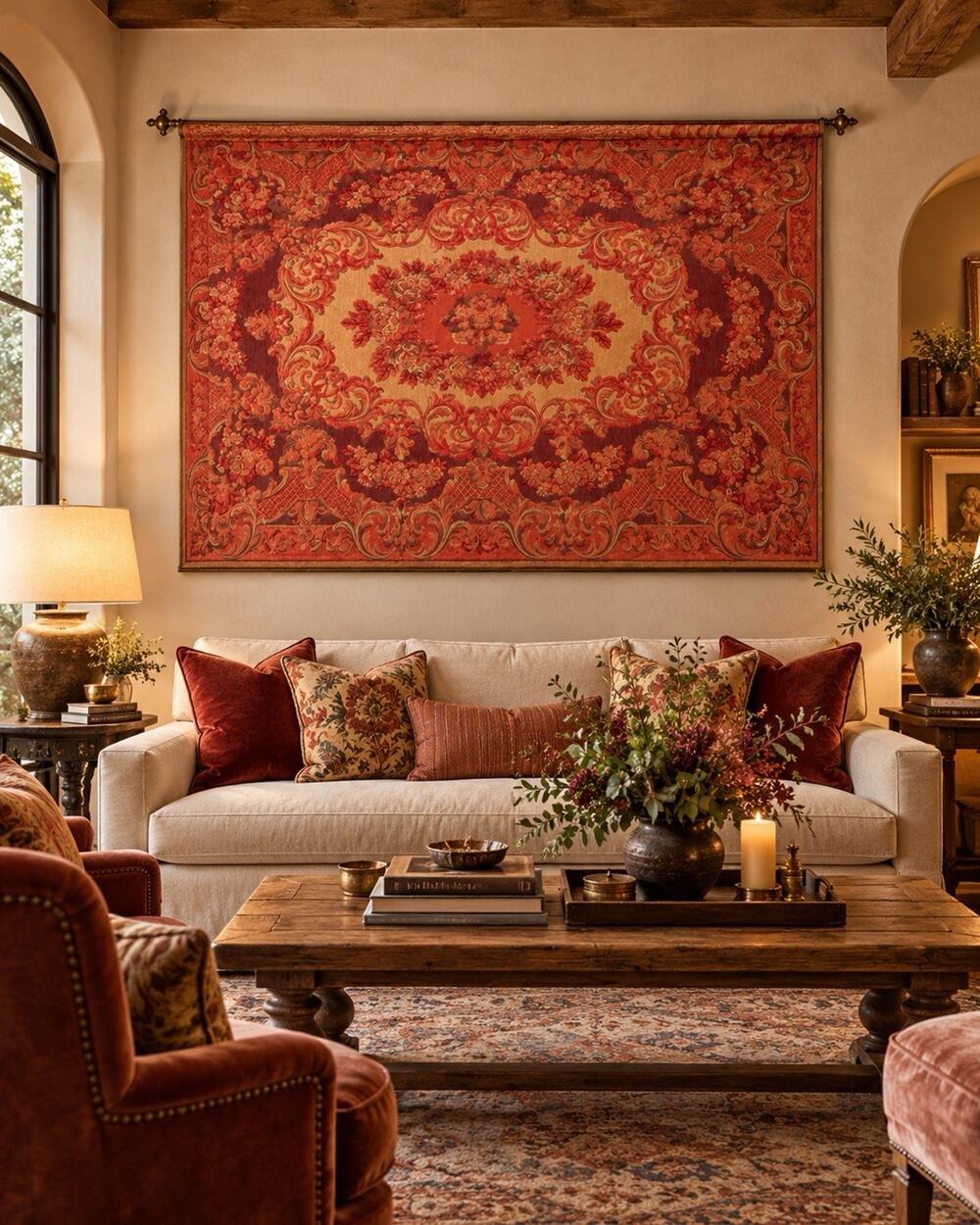 Vintage Ornate Floral Wall Tapestry 90.5” x 64.5” Large Decorative Textile